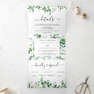 Invitation Trois Volets mariage élégant vert eucalyptus triptyque invitati
