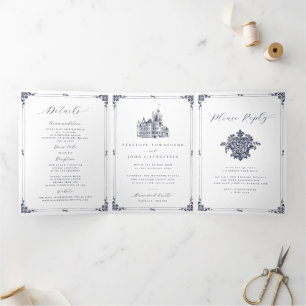Invitation Trois Volets Mariage élégant victorien vintage au château