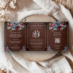 Invitation Trois Volets Mariage en Bois Ampersand Fleurs Bleu Marine Bourg