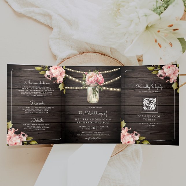 Invitation Trois Volets Mariage en bois avec code QR de jar Mason de pivoi (Créateur téléchargé)