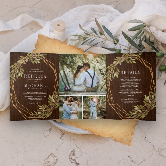 Invitation Trois Volets Mariage en bois de grange à branche d'olive botani (Créateur téléchargé)