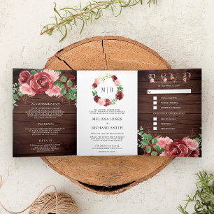 Invitation Trois Volets Mariage en bois de grange floral rose et bordeaux