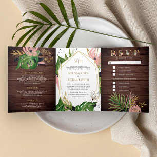 Invitation Trois Volets Mariage en bois floral rose rouge vert sauvage Tro