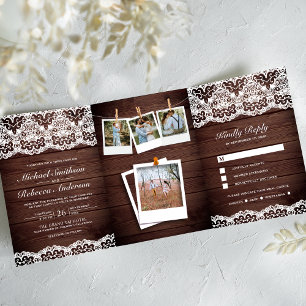 Invitation Trois Volets Mariage en collage photo avec dentelle de bois de