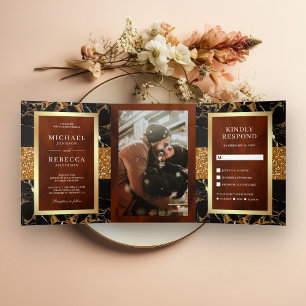 Invitation Trois Volets Mariage en Terre Cuite Pailletée Or de Marbre Noir