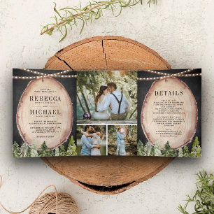 Invitation Trois Volets Mariage en tranche de bois rustique