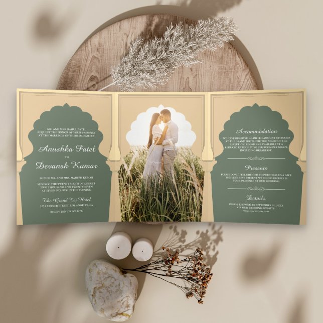Invitation Trois Volets Mariage ethnique Boho indien ivoire vert sauge arc (Créateur téléchargé)