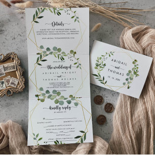 Invitation Trois Volets Mariage Eucalyptus vert géométrique