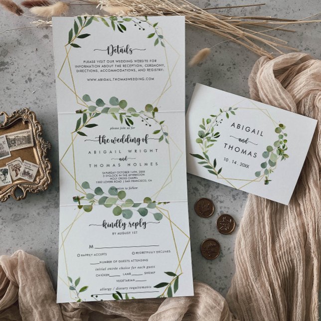 Invitation Trois Volets Mariage Eucalyptus vert géométrique (Créateur téléchargé)