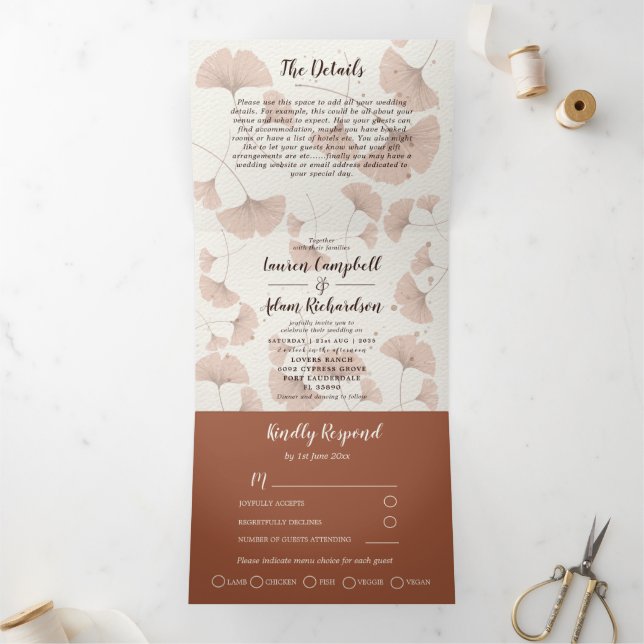 Invitation Trois Volets Mariage Feuillage Ginkgo Terracotta Rustique  (Intérieur)