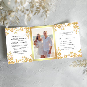Invitation Trois Volets Mariage Feuilles Florales en Papier Blanc et Doré