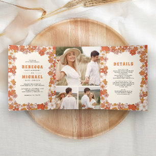 Invitation Trois Volets Mariage Fleur de Champ Orange Crème Rétro Groovy