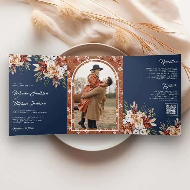 Invitation Trois Volets Mariage Fleur de Terracotta Bleu Nuit (Créateur téléchargé)