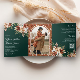 Invitation Trois Volets Mariage Fleur de Terracotta Émeraude