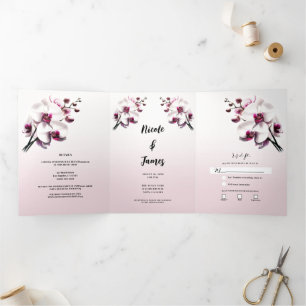 Invitation Trois Volets Mariage Fleur d'Orchidée Rose et Blanc