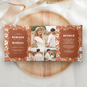 Invitation Trois Volets Mariage Fleur Sauvage Rétro Groovy Orange Terracot