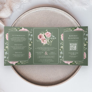 Invitation Trois Volets Mariage Fleurs de Eucalyptus Vert Sauge Rose Tendr