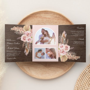 Invitation Trois Volets Mariage Fleurs de Pampa en Bois Rustique Roses Ros