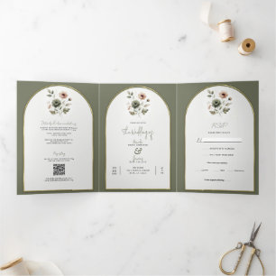 Invitation Trois Volets Mariage Floral à l'Aquarelle Olive Poussiéreuse et