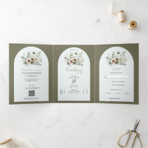 Invitation Trois Volets Mariage floral aquarelle vert olive kaki