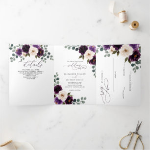 Invitation Trois Volets Mariage Floral Aubergine Ivoire Violet Plum