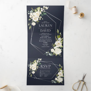 Invitation Trois Volets Mariage floral blanc blanc bleu marine géométrique