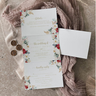 Invitation Trois Volets Mariage Floral Blanc Burgundy Or Classique
