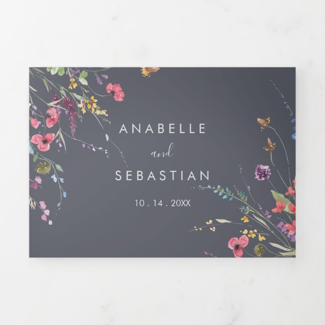 Invitation Trois Volets Mariage floral bleu classique (Page de couverture)
