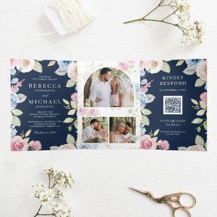 Invitation Trois Volets Mariage Floral Bleu Nuit Code QR Printemps Douille