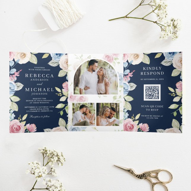 Invitation Trois Volets Mariage Floral Bleu Nuit Code QR Printemps Douille (Créateur téléchargé)