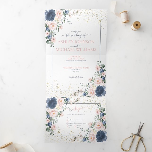 Invitation Trois Volets Mariage floral bleu pâle rose rose pâle (Intérieur)