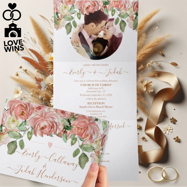 Invitation Trois Volets Mariage floral boho rose rose et vert (Créateur téléchargé)