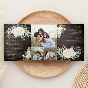Invitation Trois Volets Mariage Floral Bois Rustique Ivoire Or