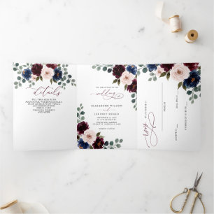 Invitation Trois Volets Mariage Floral Burgundy Blush Navy Greenery