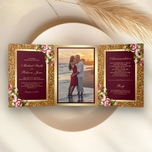 Invitation Trois Volets Mariage floral de Faux Gold Parties scintillant Sp