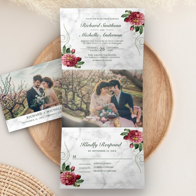 Invitation Trois Volets Mariage Floral de Hortensia Rose Rustique en Marbr (Créateur téléchargé)