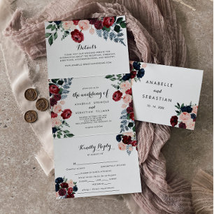 Invitation Trois Volets Mariage Floral de la marine rose de Bourgogne