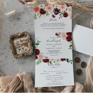 Invitation Trois Volets Mariage floral de printemps rose de Bourgogne