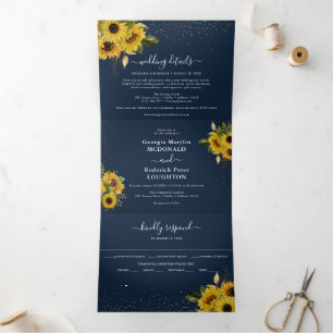Invitation Trois Volets Mariage floral de tournesol bleu de la marine russ