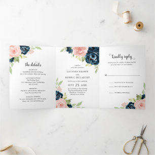 Invitation Trois Volets Mariage Floral Élégant Bleu Nuit Rose Foncé Modern