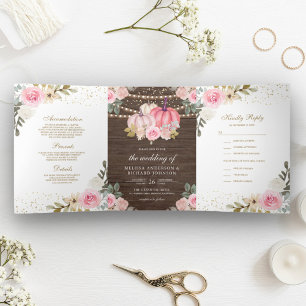 Invitation Trois Volets Mariage Floral en Bois de Citrouille Rose Rustique