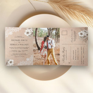 Invitation Trois Volets Mariage Floral Ivoire Dentelle Burlap Campêtre Rus