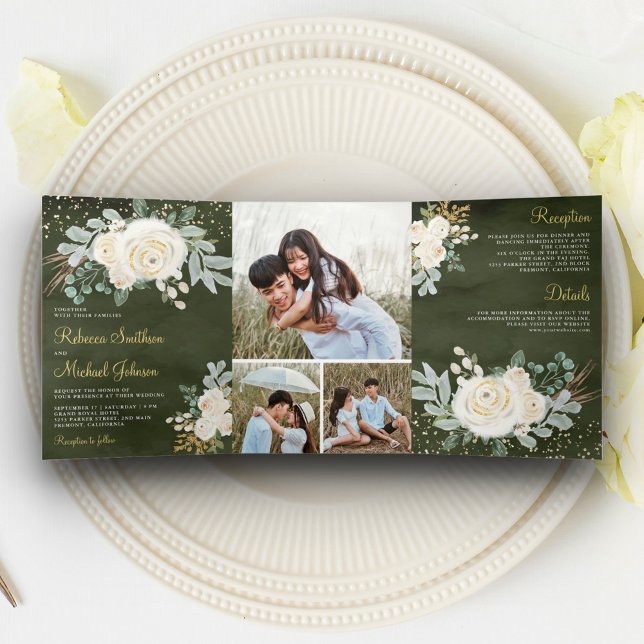 Invitation Trois Volets Mariage Floral Ivoire Or Vert Rustique Sage (Créateur téléchargé)