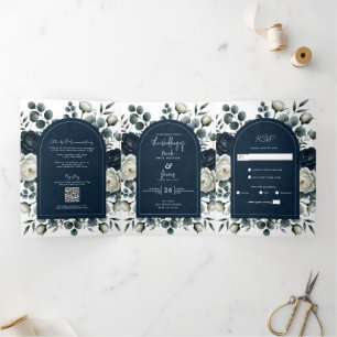 Invitation Trois Volets Mariage floral moderne bleu foncé et blanc