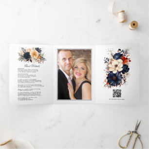 Invitation Trois Volets Mariage floral Navy, orange brûlé et champagne
