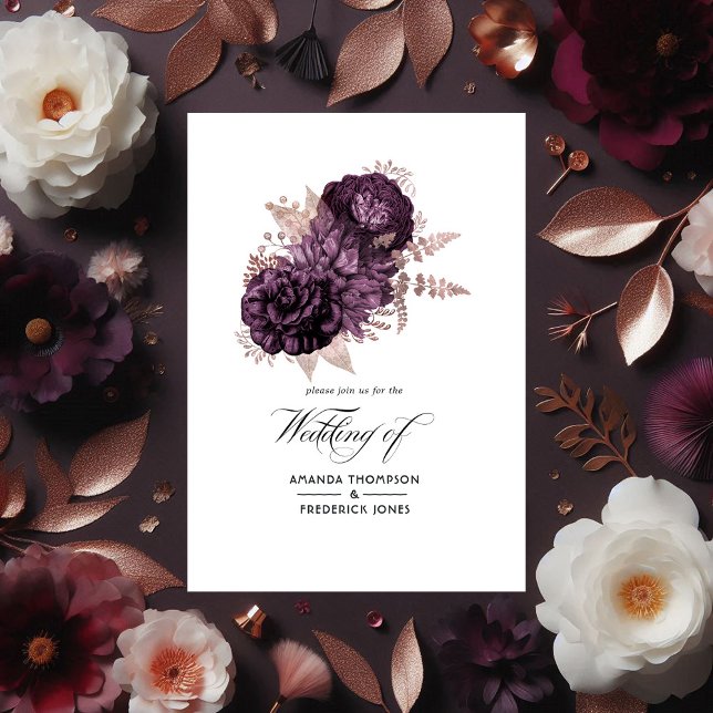 Invitation Trois Volets Mariage floral or et violet foncé (Dark Purple and Rose Gold Floral Wedding Tri-Fold Invitation)