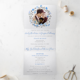 Invitation Trois Volets Mariage Floral Paonies Bleu Elégant