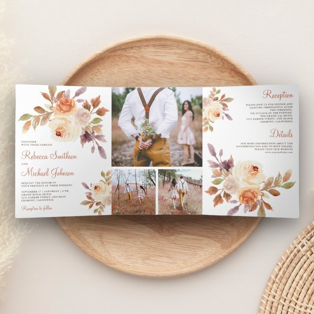 Invitation Trois Volets Mariage Floral Pêche Terreuse Rustique (Créateur téléchargé)