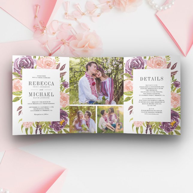 Invitation Trois Volets Mariage Floral Poussiéreux Rustique Rose Violet Ma (Créateur téléchargé)