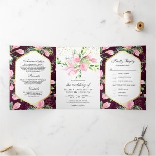Invitation Trois Volets Mariage Floral Printanier Magnolia Rose Prune Pour